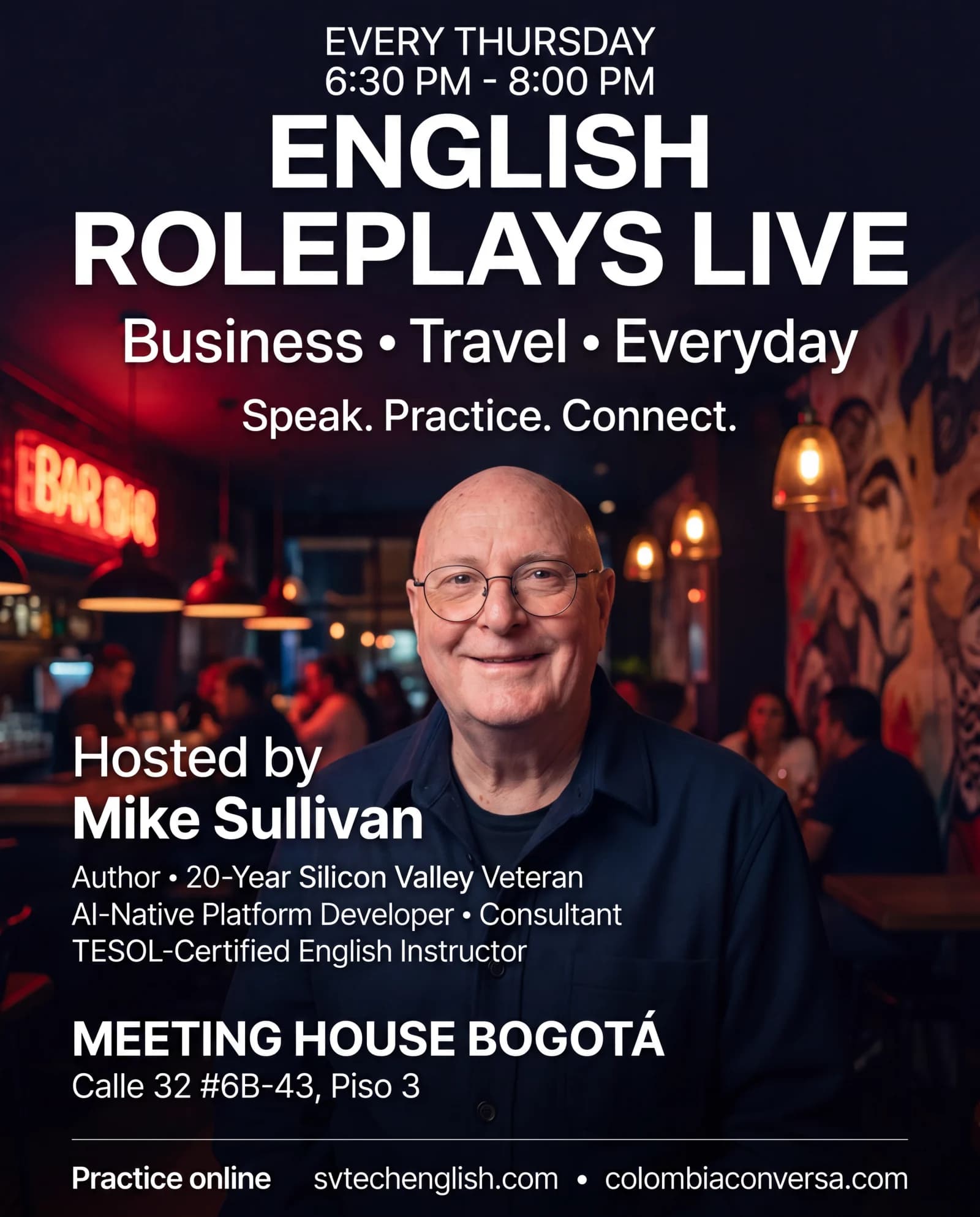 Flyer de English Roleplays Live en Meeting House Bogotá, todos los jueves de 6:30 p. m. a 8:00 p. m.